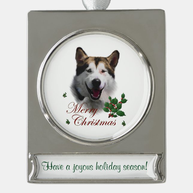 Alaskan Malamute Personalised Christmas Silver Plated Banner Ornament (Front)