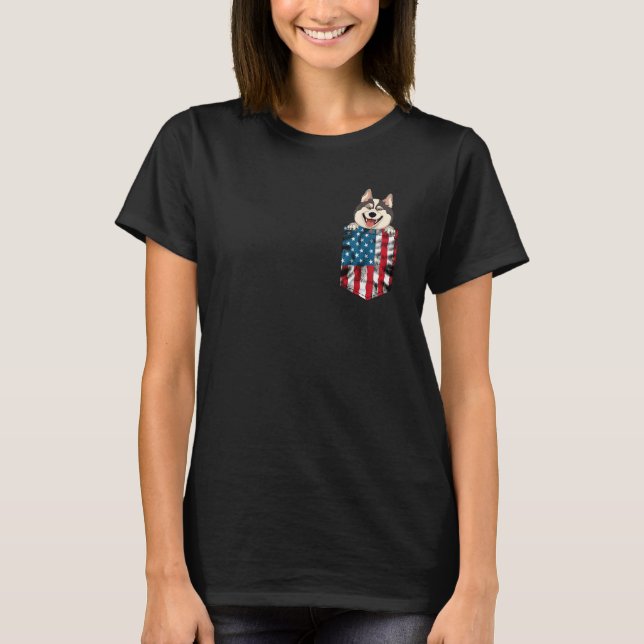 Alaskan Malamute Pocket 4th of July American Flag  T-Shirt (Front)