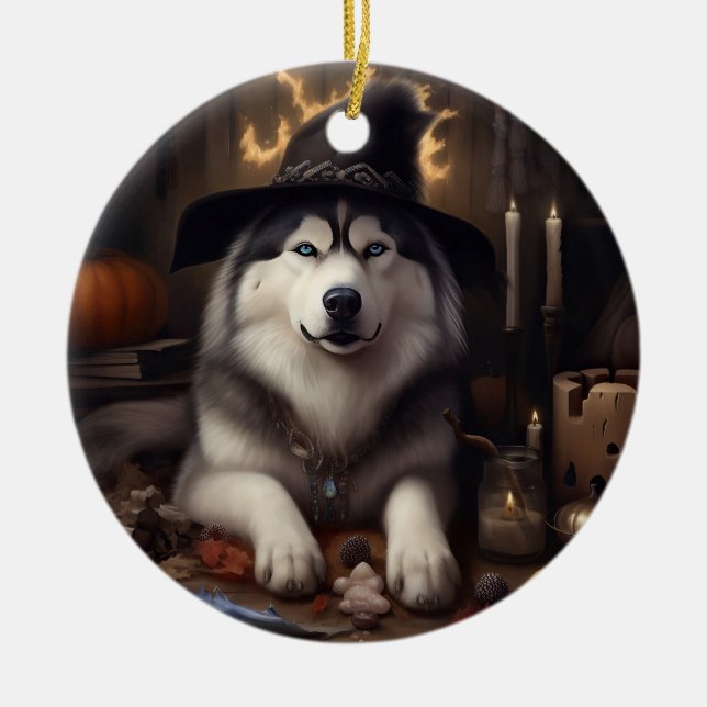 Alaskan Malamute Pumpkins Halloween Scary Ceramic Tree Decoration (Front)