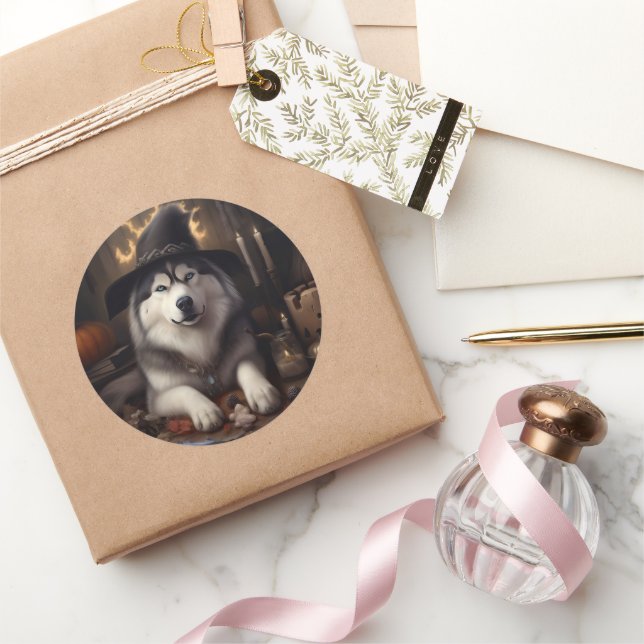 Alaskan Malamute Pumpkins Halloween Scary Classic Round Sticker (Gifting)