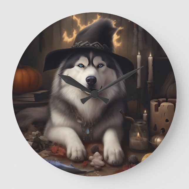 Alaskan Malamute Pumpkins Halloween Scary Large Clock (Front)