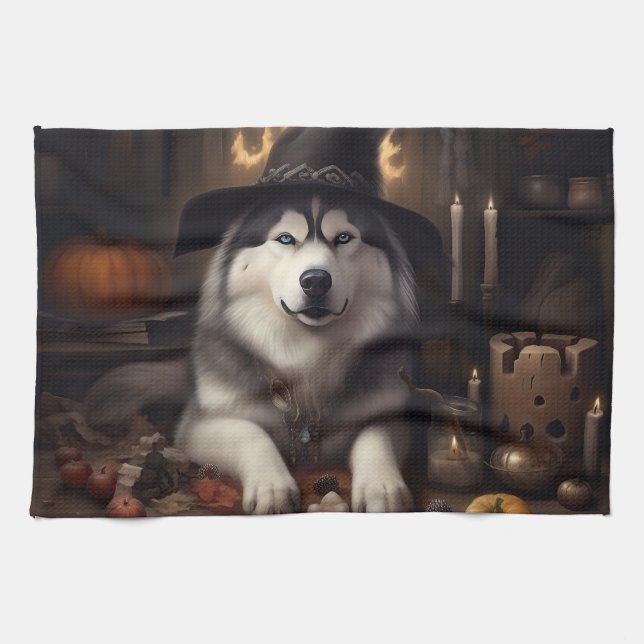 Alaskan Malamute Pumpkins Halloween Scary Tea Towel (Horizontal)
