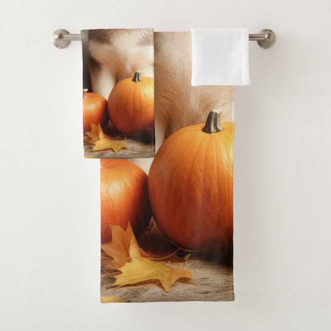 Alaskan Malamute Puppy Autumn Delight Pumpkin Bath Towel Set (Insitu)