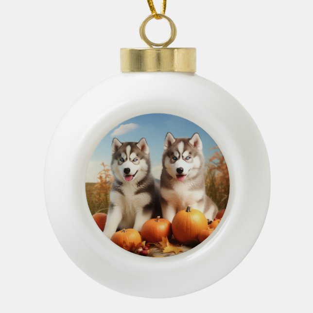 Alaskan Malamute Puppy Autumn Delight Pumpkin Ceramic Ball Christmas Ornament (Front)