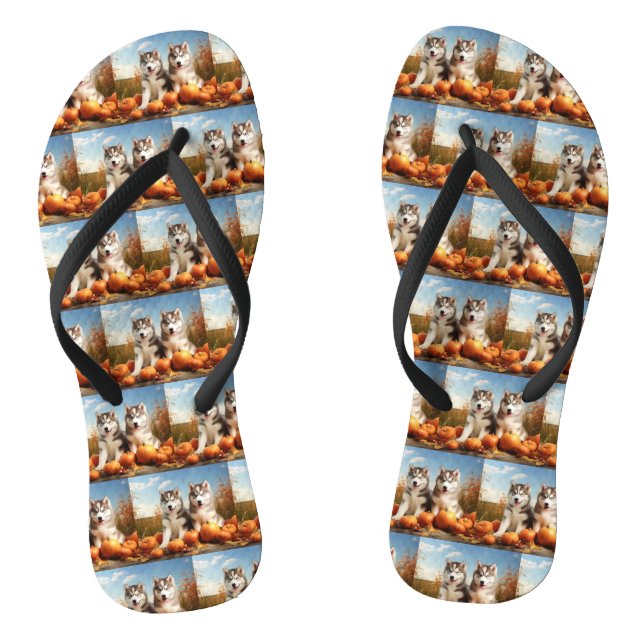 Alaskan Malamute Puppy Autumn Delight Pumpkin Flip Flops (Footbed)