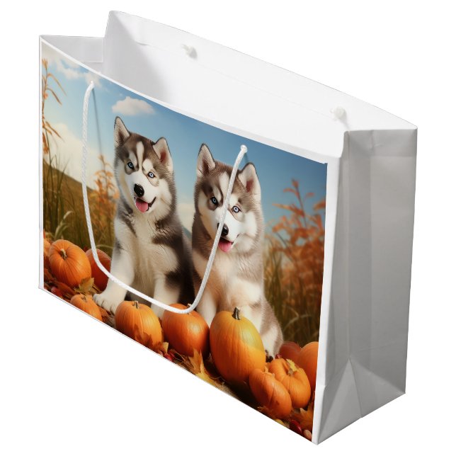 Alaskan Malamute Puppy Autumn Delight Pumpkin Large Gift Bag (Front Angled)