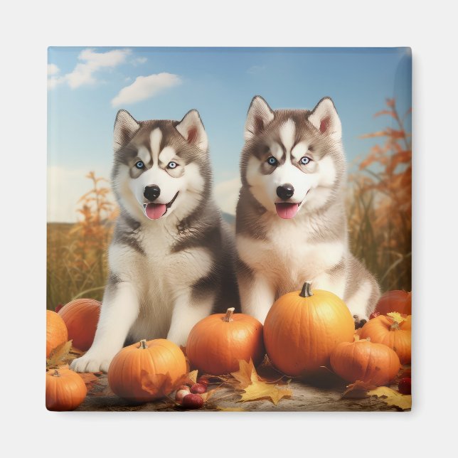 Alaskan Malamute Puppy Autumn Delight Pumpkin Magnet (Front)