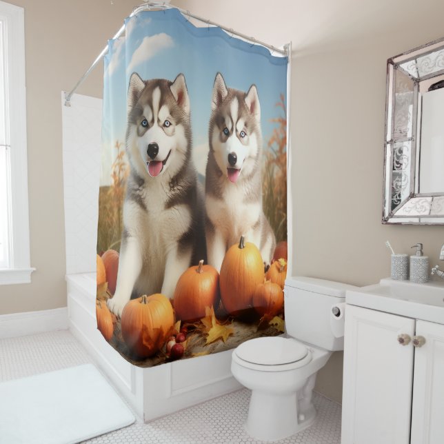 Alaskan Malamute Puppy Autumn Delight Pumpkin Shower Curtain (In Situ)