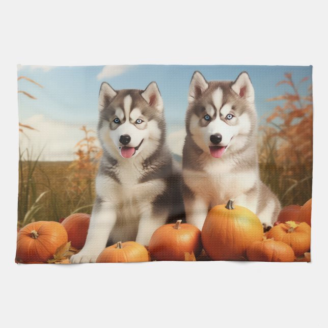 Alaskan Malamute Puppy Autumn Delight Pumpkin Tea Towel (Horizontal)