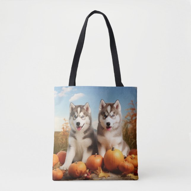 Alaskan Malamute Puppy Autumn Delight Pumpkin Tote Bag (Front)