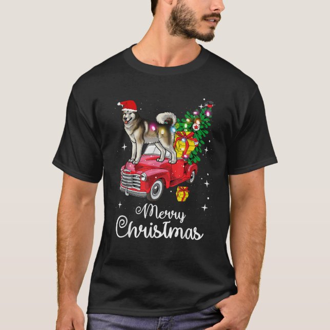 Alaskan Malamute Ride Red Truck Christmas Pajama F T-Shirt (Front)