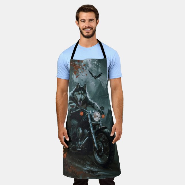 Alaskan Malamute Riding Motorcycle Halloween Scary Apron (Worn)