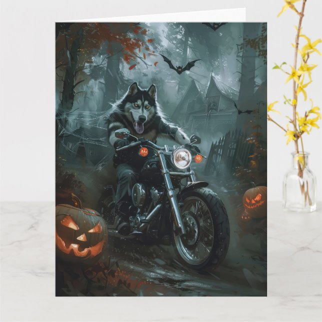 Alaskan Malamute Riding Motorcycle Halloween Scary Card (Yellow Flower)