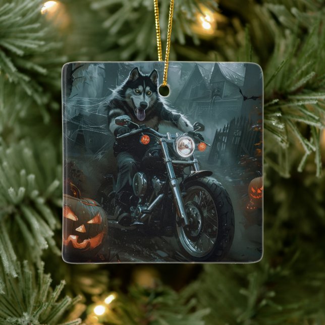 Alaskan Malamute Riding Motorcycle Halloween Scary Ceramic Ornament (Tree)