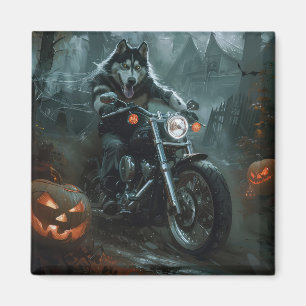 Alaskan Malamute Riding Motorcycle Halloween Scary Magnet
