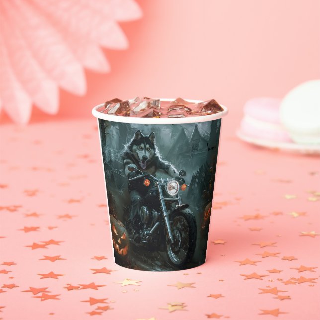 Alaskan Malamute Riding Motorcycle Halloween Scary Paper Cups (Insitu)