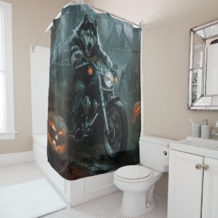 Alaskan Malamute Riding Motorcycle Halloween Scary Shower Curtain