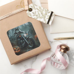 Alaskan Malamute Riding Motorcycle Halloween Scary Square Sticker