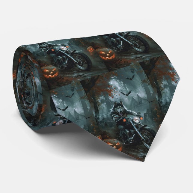 Alaskan Malamute Riding Motorcycle Halloween Scary Tie (Rolled)