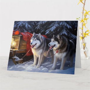 Alaskan Malamute Snowy Sleigh Ride Christmas  Card