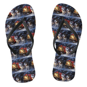 Alaskan Malamute Snowy Sleigh Ride Christmas Flip Flops