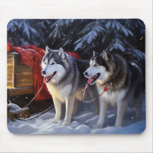 Alaskan Malamute Snowy Sleigh Ride Christmas Mouse Mat