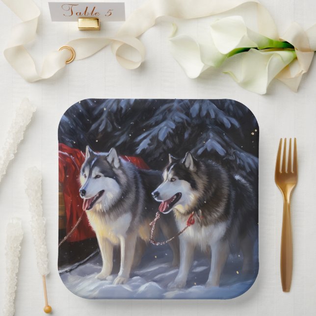 Alaskan Malamute Snowy Sleigh Ride Christmas  Paper Plate (Wedding)
