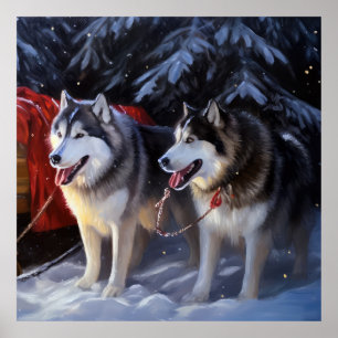 Alaskan Malamute Snowy Sleigh Ride Christmas  Poster