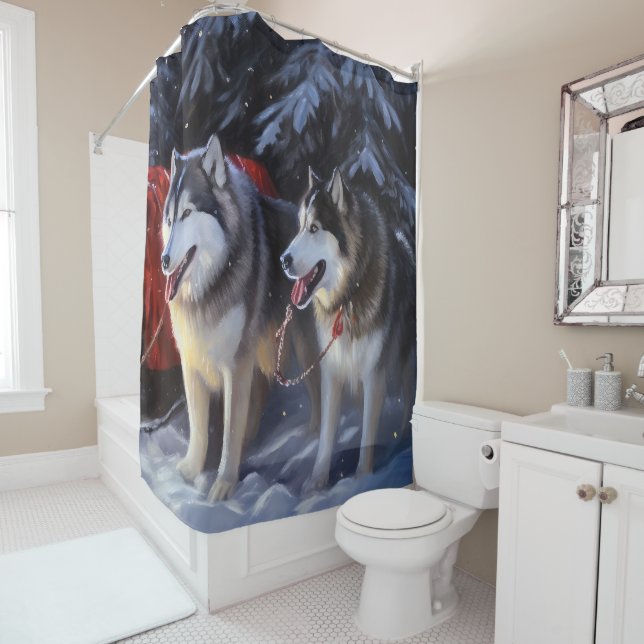 Alaskan Malamute Snowy Sleigh Ride Christmas  Shower Curtain (In Situ)