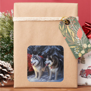Alaskan Malamute Snowy Sleigh Ride Christmas  Square Sticker
