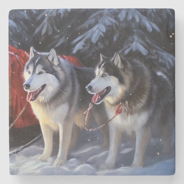 Alaskan Malamute Snowy Sleigh Ride Christmas  Stone Coaster (Front)