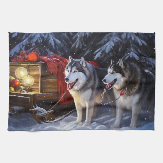 Alaskan Malamute Snowy Sleigh Ride Christmas  Tea Towel (Horizontal)