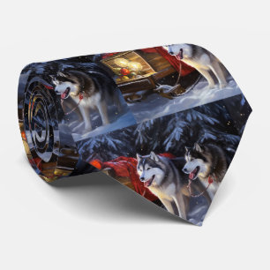Alaskan Malamute Snowy Sleigh Ride Christmas Tie