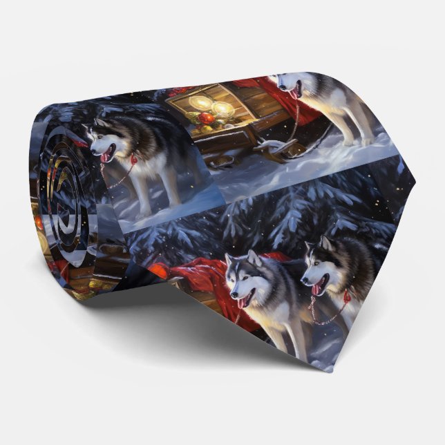 Alaskan Malamute Snowy Sleigh Ride Christmas  Tie (Rolled)