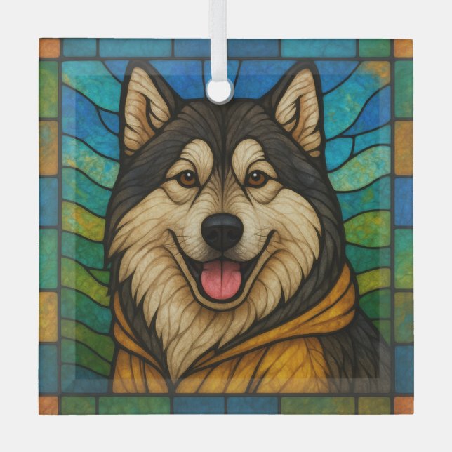 Alaskan Malamute "Stained Glass"  Glass Tree Decoration (Front)