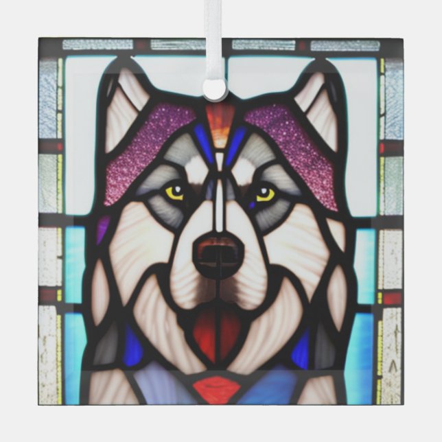 Alaskan Malamute "Stained Glass"  Glass Tree Decoration (Front)