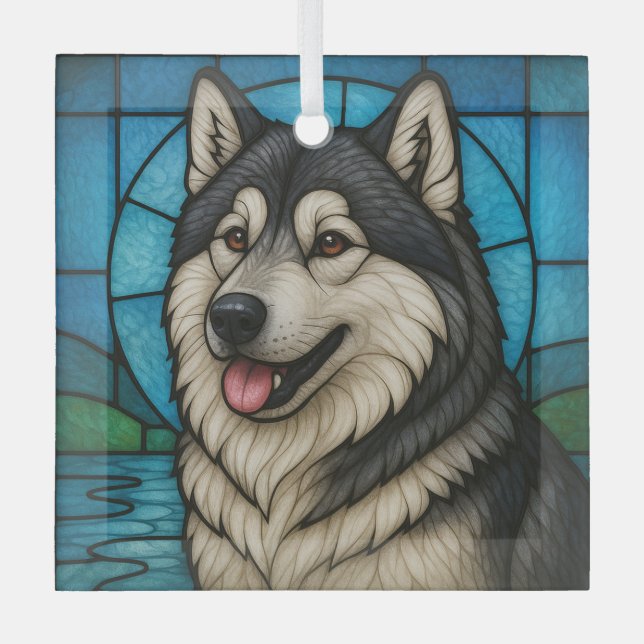 Alaskan Malamute "Stained Glass"  Glass Tree Decoration (Front)