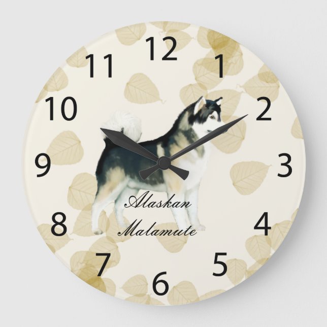 Alaskan Malamute ~ Tan Leaves Motiff Large Clock (Front)