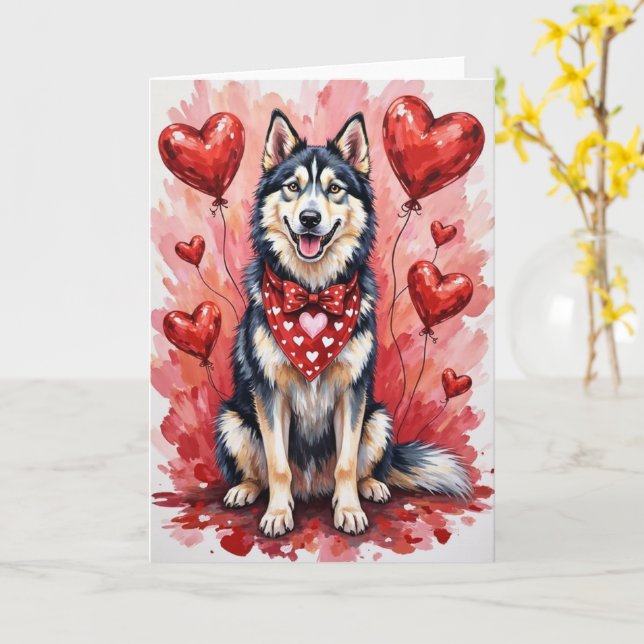 Alaskan Malamute Valentine’s Day Dog with Hearts Card (Yellow Flower)