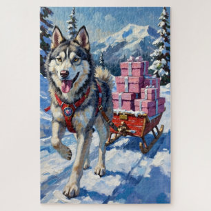 Alaskan Malamute Valentine's Day Sled Delivery Jigsaw Puzzle