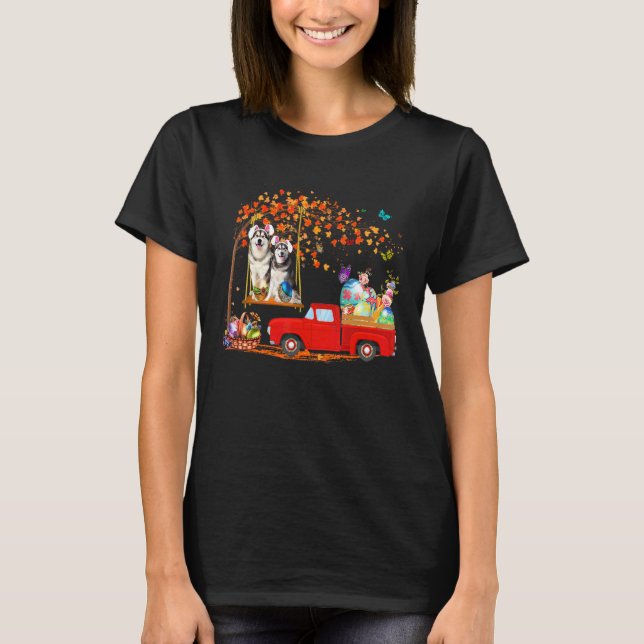 Alaskan Malamute Wearing Bunny Ear Red Truck With  T-Shirt (Front)