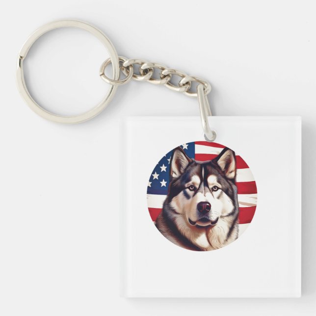 Alaskan Malamute With American Flag Background Key Ring (Front)