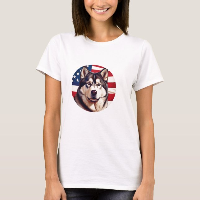 Alaskan Malamute With American Flag Background T-Shirt (Front)
