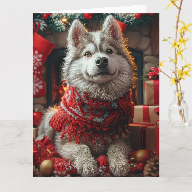 Alaskan Malamute With Christmas Gifts Fireplace Card (Yellow Flower)