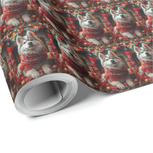 Alaskan Malamute With Christmas Gifts Fireplace Wrapping Paper