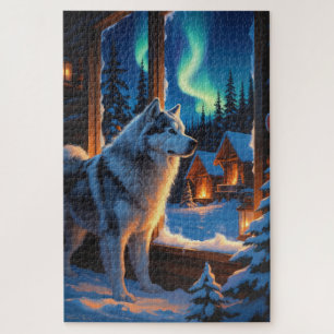 Alaskan Malamute With Christmas Lights Holiday  Jigsaw Puzzle