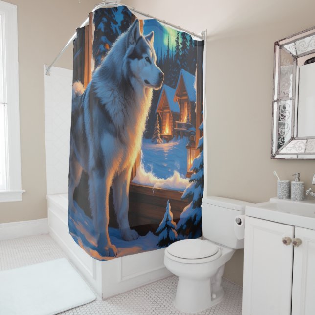 Alaskan Malamute With Christmas Lights Holiday  Shower Curtain (In Situ)