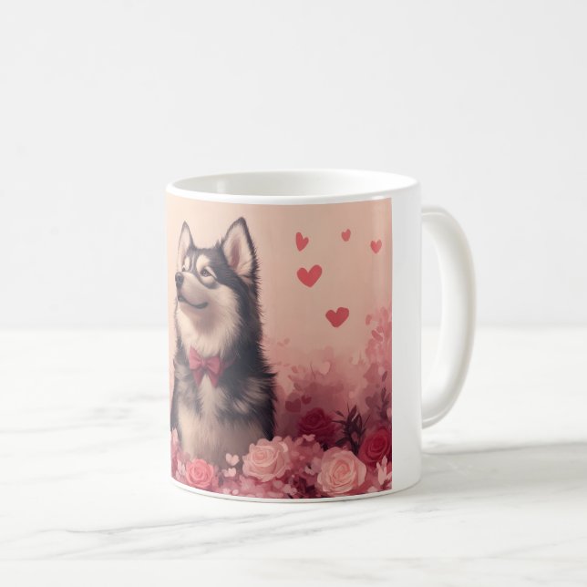 Alaskan Malamute with Roses - Valentine's Day  Coffee Mug (Front Right)
