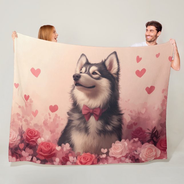 Alaskan Malamute with Roses - Valentine's Day  Fleece Blanket (In Situ)
