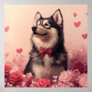 Alaskan Malamute with Roses - Valentine's Day  Poster